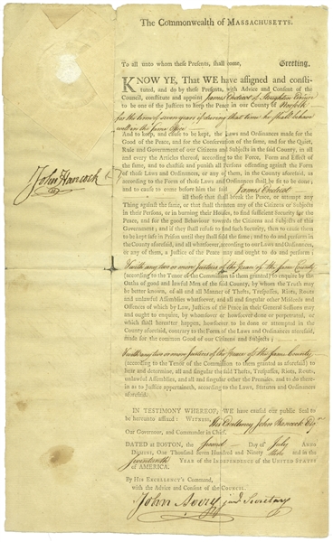 John Hancock Document Signed in 1793, Three Months Before His Death