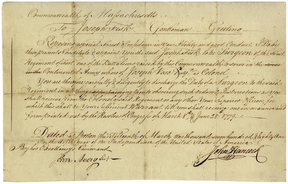 John Hancock Document Signed as Governor of Massachusetts in 1781 -- Hancock Appoints a Surgeon to the Continental Army During the Revolutionary War
