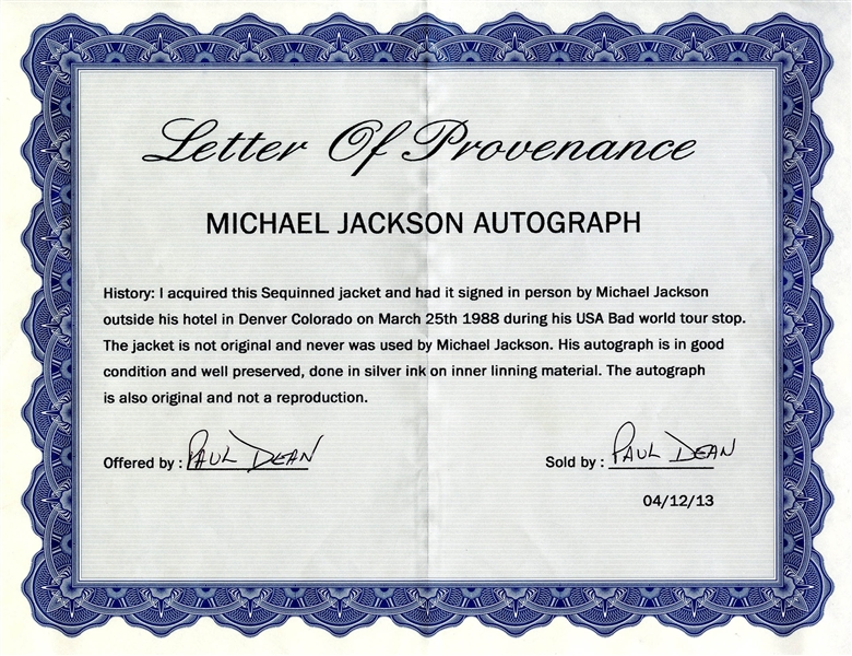 Michael Jackson Signed Jacket -- With PSA/DNA COA