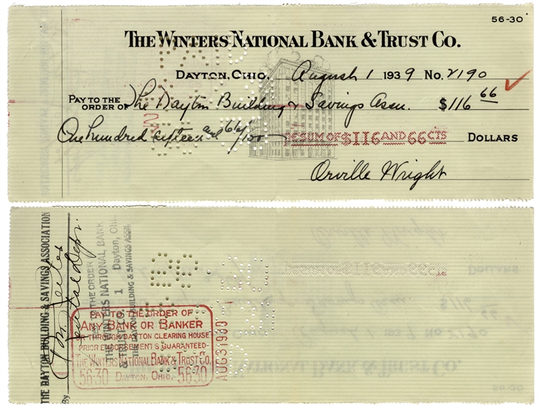 Orville Wright Check Signed
