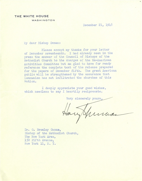 Harry Truman Letter Signed as President With Rare Communist Content -- ''...to the charges of the Un-American Activities Committee...communism has not infiltrated the churches of this Nation...''