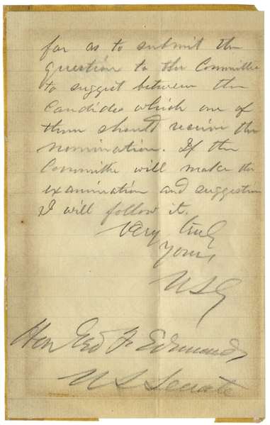 Ulysses S. Grant Autograph Letter Signed as President, in Draft Form -- ''...although I had said that I would not appoint Billings under any circumstances...''