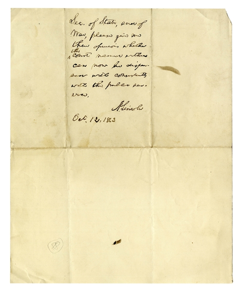 Abraham Lincoln Autograph Note Signed as President -- Lincoln Asks His Secretaries of State & War for Their Opinion