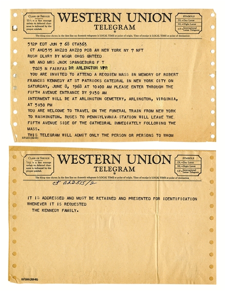 Western Union Telegram Serving as Invitation to Attend Robert F. Kennedy's Mass & Also to Travel on the Funeral Train -- Dated One Day After RFK's Assassination