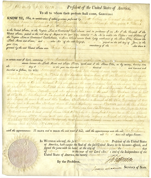 Thomas Jefferson Land Grant Signed as President -- Countersigned by James Madison as Secretary of State
