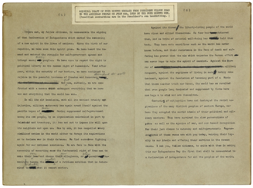 Woodrow Wilson Speech Draft as President, Hand-Annotated by Him -- Wilson Writes Fiery Rhetoric Regarding the Evils of Germany During WWI -- ''...Against the horror of military conquest...''