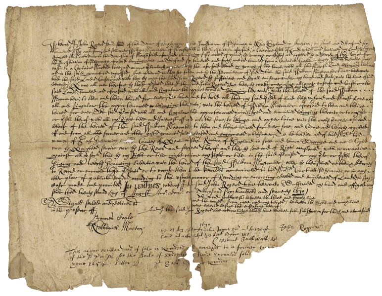 Very Scarce 1670 Pilgrim Land Deed -- Signed by Several Prominent Pilgrims Including Nathaniel Morton, Constant Southworth & John Rogers