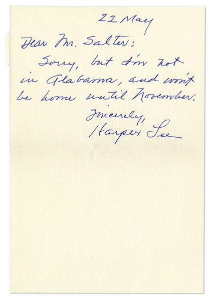 Harper Lee Autograph Note Signed -- With Envelope From Mobile, Alabama