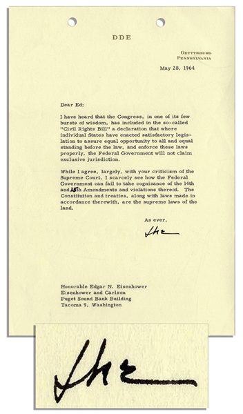 Eisenhower 1964 Letter Signed Regarding Civil Rights -- ''...I scarcely see how the Federal Government can fail to take cognizance of the 14th and 15th Amendments and violations thereof...''