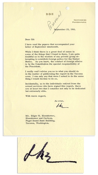 Dwight Eisenhower Typed Letter Signed to His Brother Edgar -- ''...I am quite doubtful as to the wisdom of any private group attempting to establish foreign policy for the United States...''