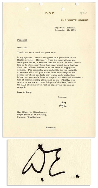 Dwight D. Eisenhower Typed Letter Signed as President -- To His Brother Edgar -- ''...you desire to see the extreme fringes of the New Deal and the ADA back in power...''