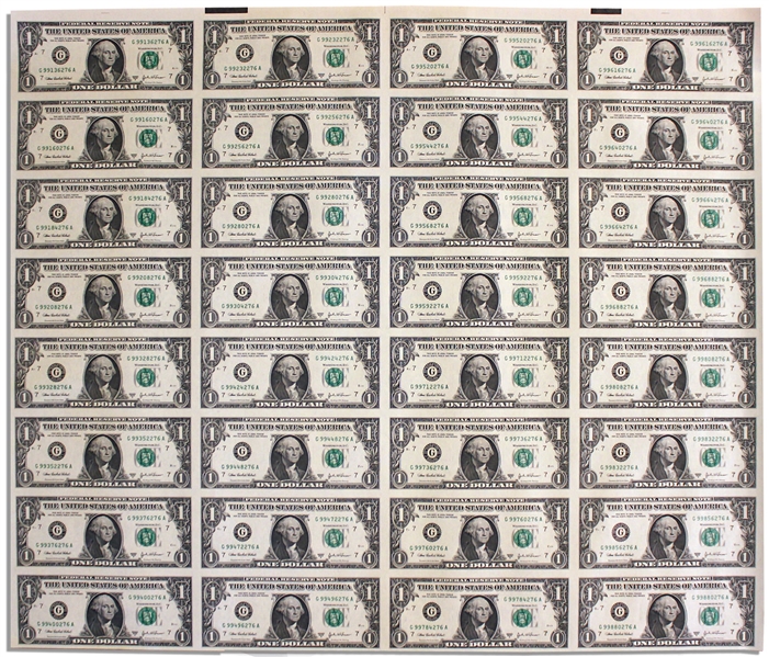 Uncut Sheet of 32 $1 Federal Reserve Notes -- Series 2003-A, Chicago -- Near Fine