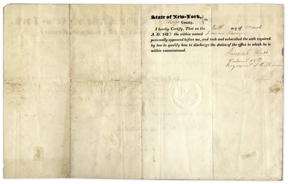DeWitt Clinton Document Signed as New York Governor -- 1827 Military Appointment