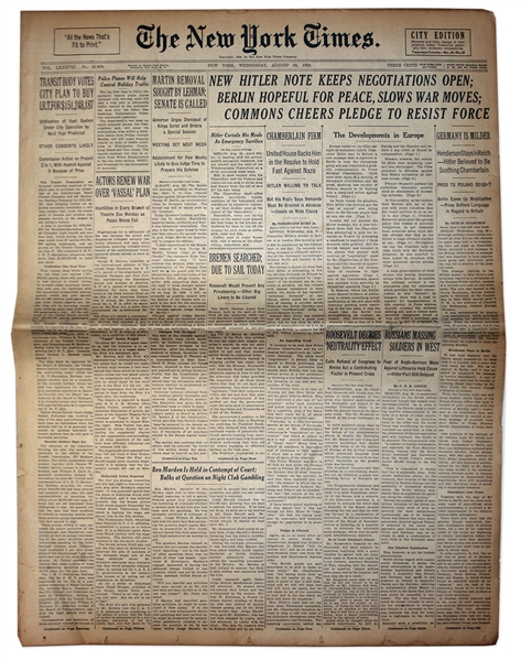 ''The New York Times'' From 30 August 1939 -- ''Berlin Hopeful For Peace'' -- Two Days Before WWII