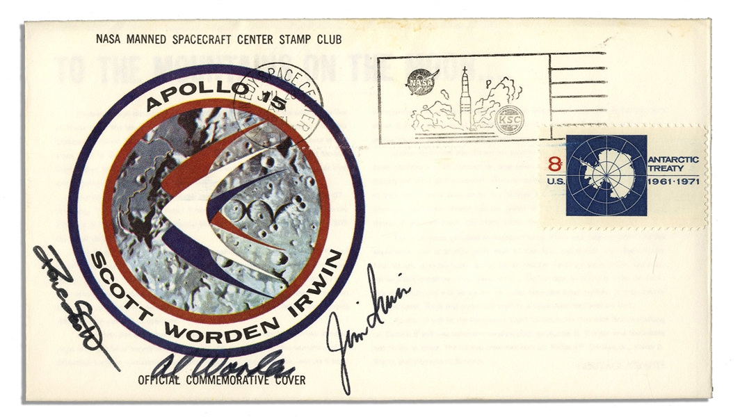 Apollo 15 Crew-Signed NASA-Issue Astronaut Insurance Cover -- ''Al Worden'', ''Dave Scott'' & ''Jim Irwin'' -- Cancelled 26 July 1971 -- 6.5'' x 3.75'' -- Near Fine -- With COA From Worden