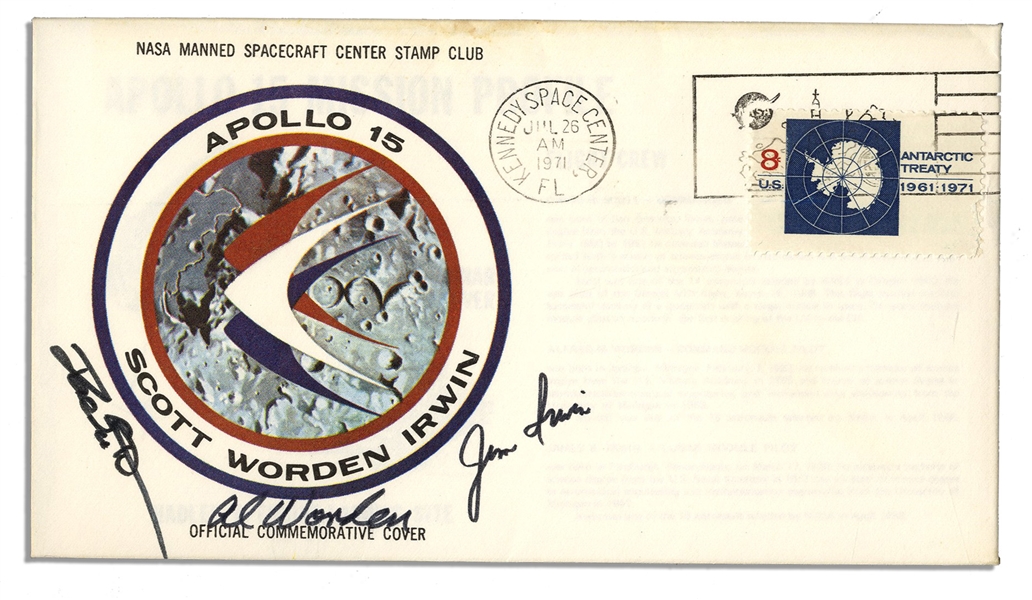 Apollo 15 Crew-Signed NASA Astronaut Insurance Cover -- Signed ''Al Worden'', ''Dave Scott'' & ''Jim Irwin'' -- Cancelled 26 July 1971 -- 6.5'' x 3.75'' -- Near Fine -- With COA From Worden