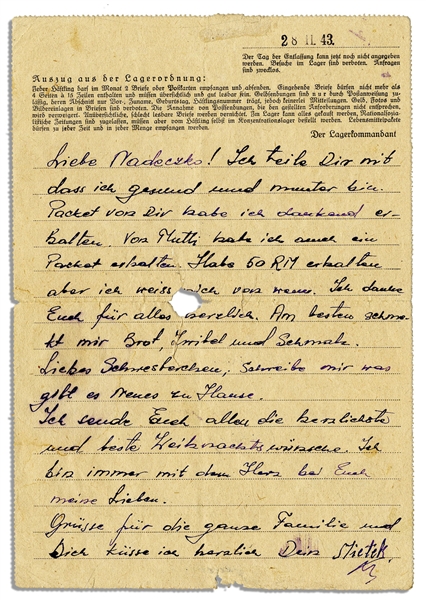 Concentration Camp Victim at Ravensbrueck Writes in 1943 -- ''...I feel healthy and lively...I send you all the warmest and best wishes of the Lord...''