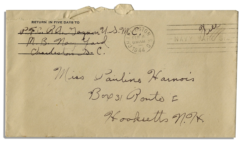 WWII Hero Rene Gagnon Autograph Letter Signed & Signed Envelope -- ''...You do whatever your [sic] told and do it on the double. That's the Marine Corps...''
