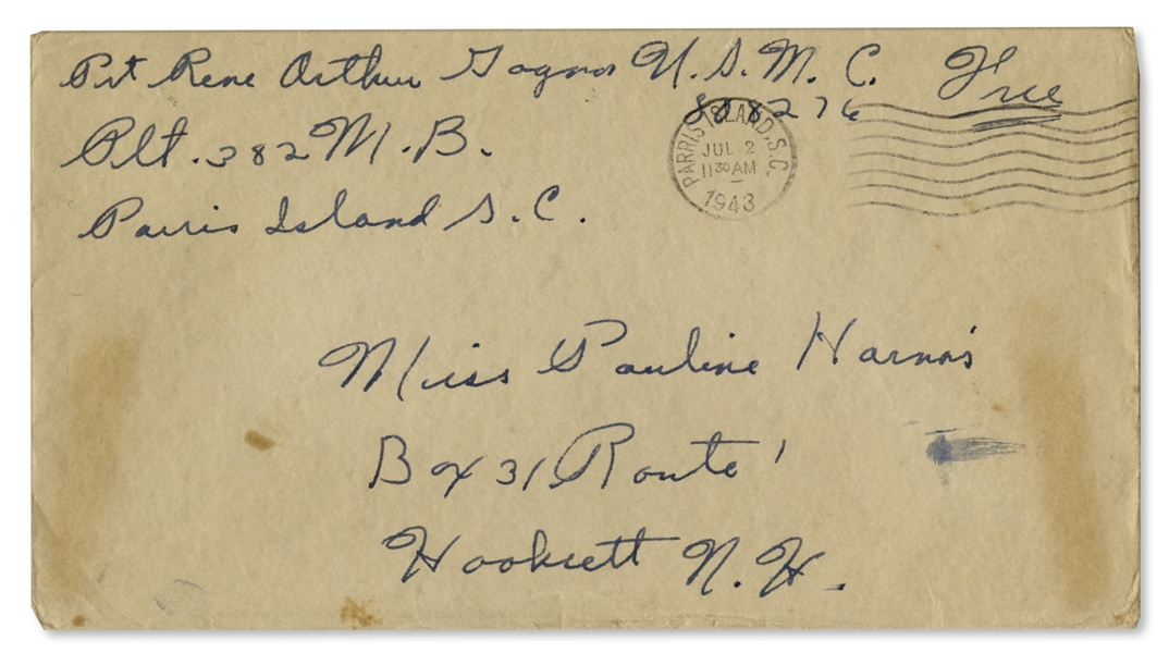 Iwo Jima Flag Raiser, Rene Gagnon 1943 Autograph Letter Signed -- ''...if I am stationed somewhere outside the U.S...like Cuba, or New Zealand, or England...Let's hope I stay in the U.S....''