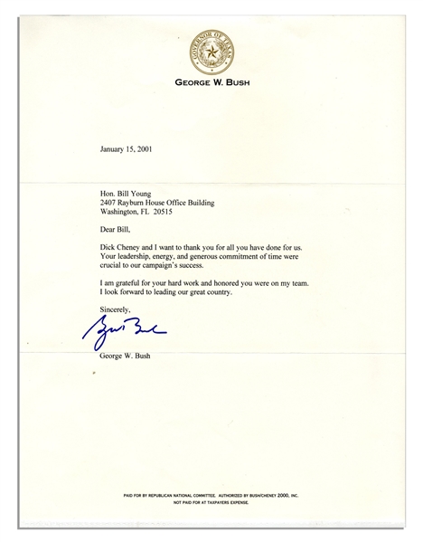 George W. Bush Typed Letter Signed as President-Elect -- ''...Dick Cheney and I want to thank you for all you have done for us...''
