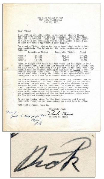1946 Richard Nixon Campaign Letter With Autograph Note Signed -- ''...take...every opportunity...to win voters away from the discredited policies of the New Deal Administration...''