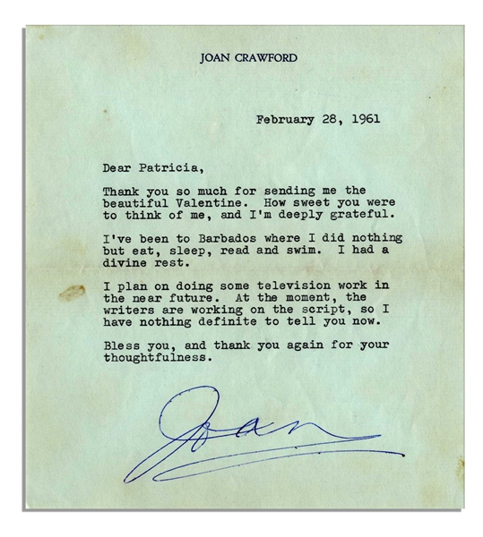 Joan Crawford Typed Letter Signed -- ''...I've been Barbados where I did nothing but eat, sleep, read and swim. I had a divine rest...'' -- 1961