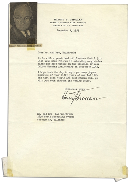 Harry S. Truman Typed Letter Signed from 1955 -- ''...good wishes on the occasion of your Golden Wedding Anniversary...''