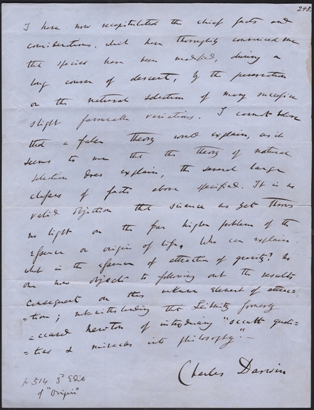 Charles Darwin Signed, Handwritten & Powerful Conclusion Page From ''Origin of Species'' -- ''...science as yet throws no light on the far higher problem of the essence or origin of life...''