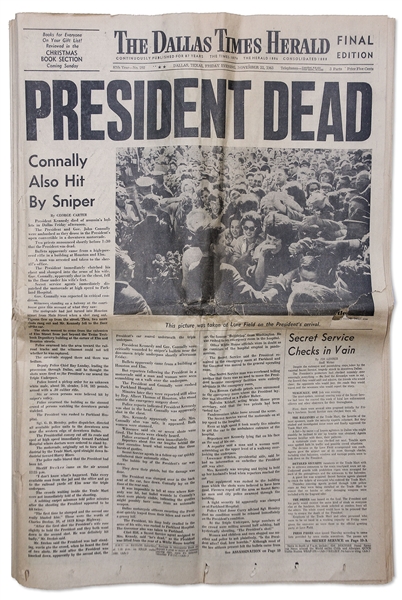 JFK Assassination Newspaper -- Complete 22 November 1963 Edition of ''The Dallas Times Herald'' -- Headline, ''PRESIDENT DEAD''