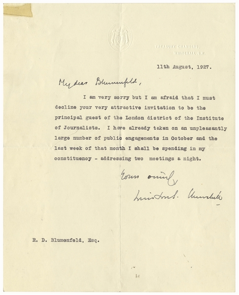 Winston Churchill Letter Signed From 1927 -- ''...I have already taken on an unpleasantly large number of public engagements...''