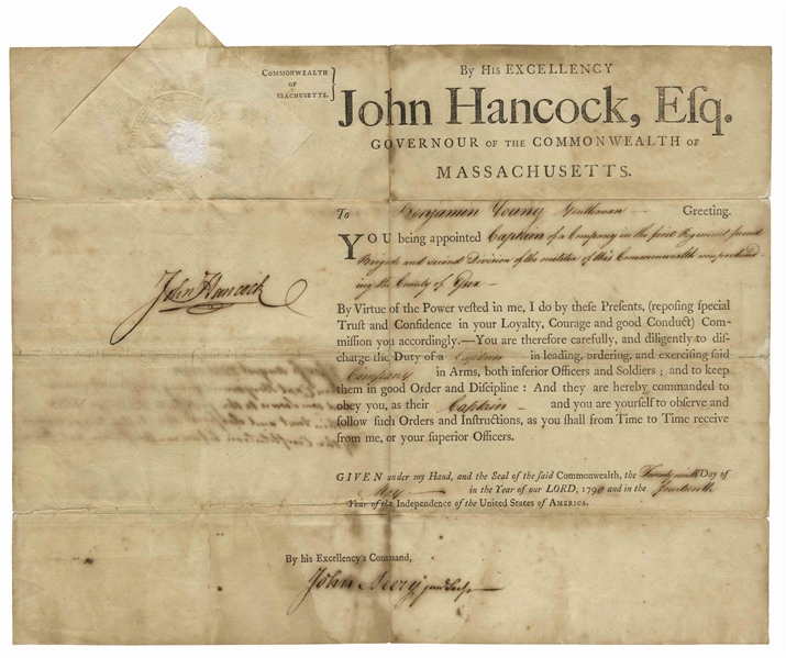 John Hancock Document Signed as Governor of Massachusetts -- Hancock Appoints a Captain to the Militia