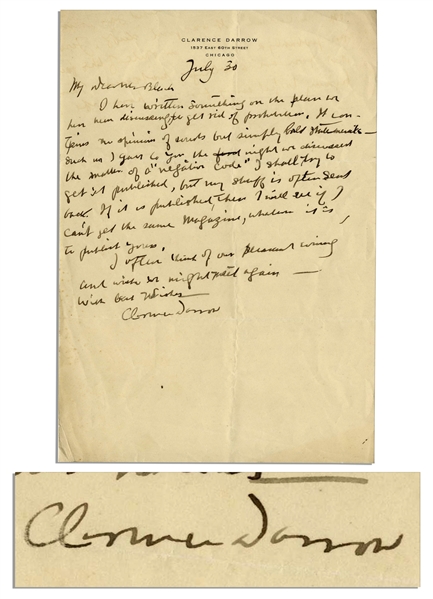 Clarence Darrow Autograph Letter Signed Regarding Prohibition