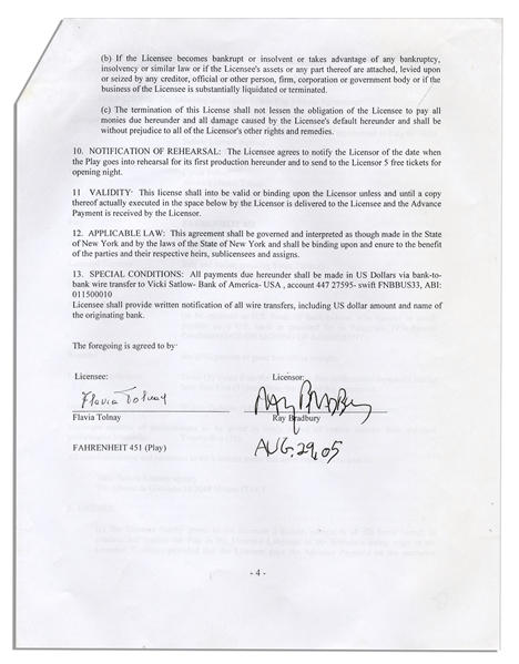 Ray Bradbury Document Signed Regarding the Rights for the Stage Version of His Masterpiece ''Fahrenheit 451''