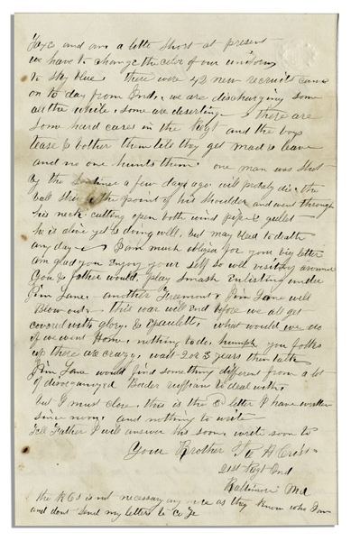 Civil War Letter -- ''...One man was shot by the sentinel a few days ago...The ball struck the joint of his shoulder and went through his neck cutting open [his] wind pipe & gullet...''