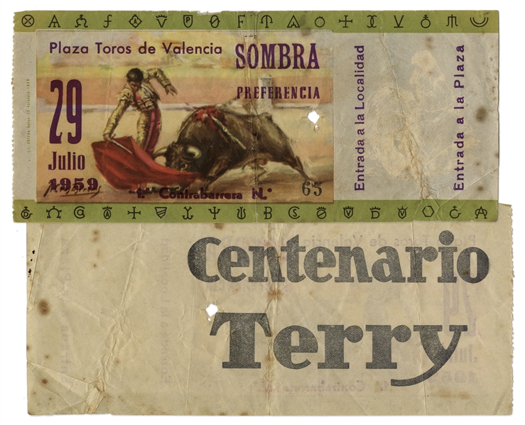 Ernest Hemingway's Own Bullfighting Ticket From 29 July 1959 -- Hemingway Wrote About the Bullfights of 1959 in His Final Book