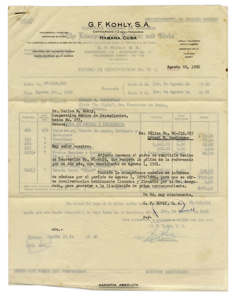 Ernest Hemingway's Insurance Policy for the Workers of His Cuban Home ''Finca La Vigia'' and Beloved Boat ''Pilar''