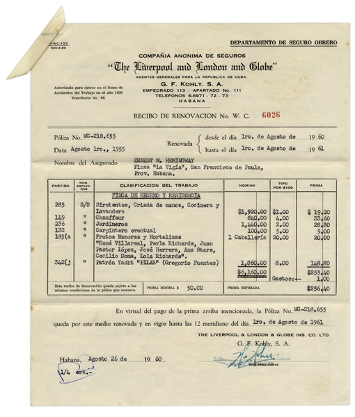 Ernest Hemingway's Insurance Policy for the Workers of His Cuban Home ''Finca La Vigia'' and Beloved Boat ''Pilar''