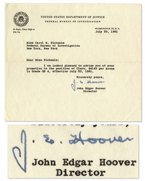 J. Edgar Hoover Memo Signed -- on F.B.I. Letterhead
