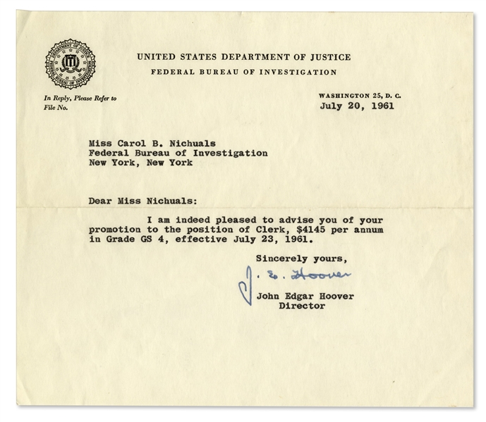 J. Edgar Hoover Memo Signed -- on F.B.I. Letterhead