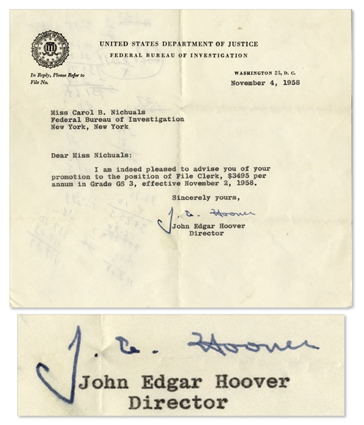J. Edgar Hoover Typed Letter Signed on FBI Stationery