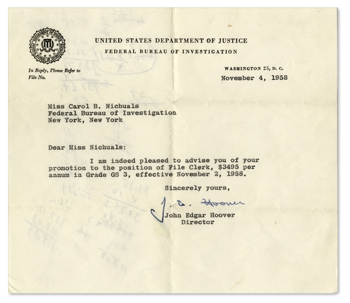 J. Edgar Hoover Typed Letter Signed on FBI Stationery