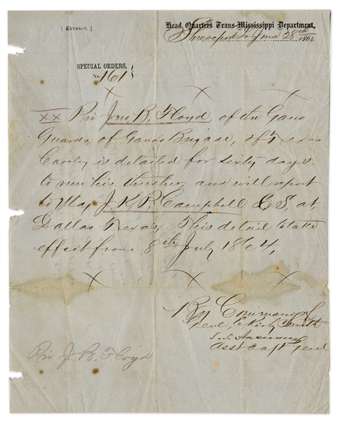 Texas Cavalry Special Orders From 1864 -- For a Private in Gano's Guards of Gano's Brigade