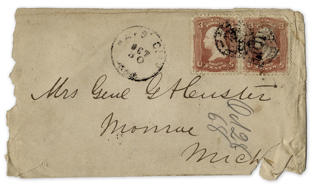 George Custer Signed Envelope -- Made Out in His Hand to His Wife -- ''Mrs. G.A. Custer''