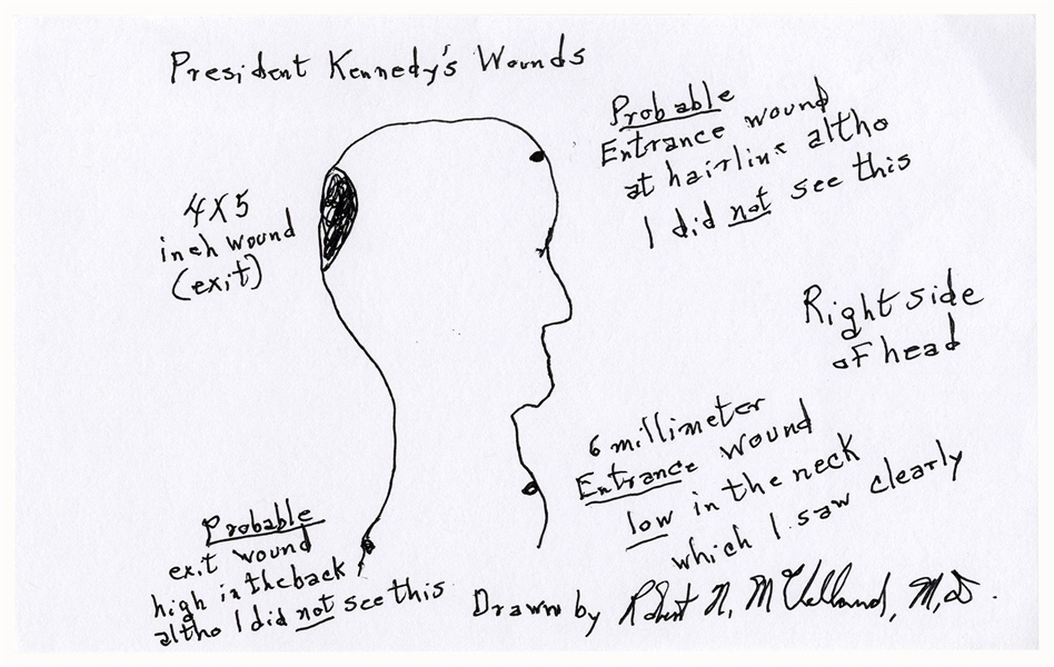 Signed Drawing of ''President Kennedy's Wounds'' by Dr. Robert McClelland, the Physician Who Held President Kennedy's Head at the Dallas Hospital
