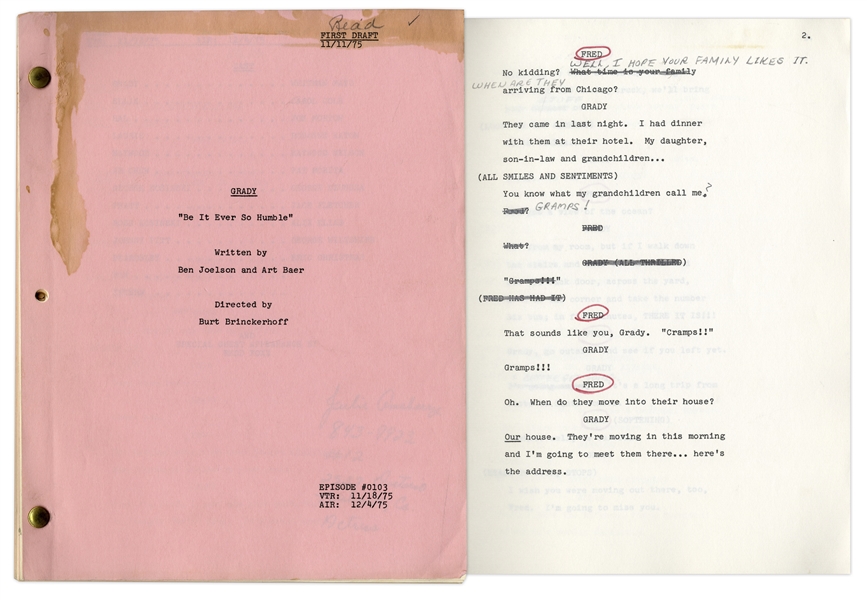 Series Premiere First Draft Script of ''Stanford & Son'' Spin-off Show, ''Grady'' -- Owned & Annotated by Redd Foxx Who Made Guest Appearance -- Very Good Condition -- From Redd Foxx Estate