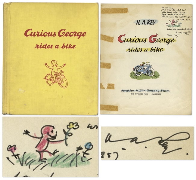 Curious George First Edition, Signed by H.A. Rey With Original Ink Drawing of Curious George -- ''Curious George Rides a Bike'' From 1952