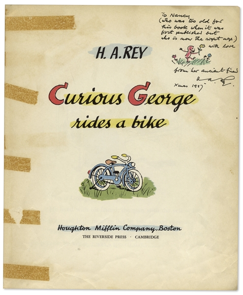 Curious George First Edition, Signed by H.A. Rey With Original Ink Drawing of Curious George -- ''Curious George Rides a Bike'' From 1952
