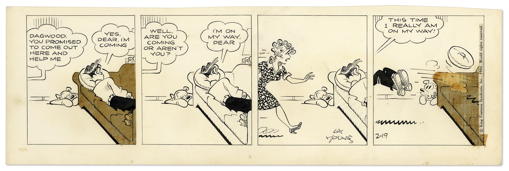 2 Chic Young Hand-Drawn ''Blondie'' Comic Strips From 1965 & 1966 -- With Chic Young's Original Preliminary Artwork for One