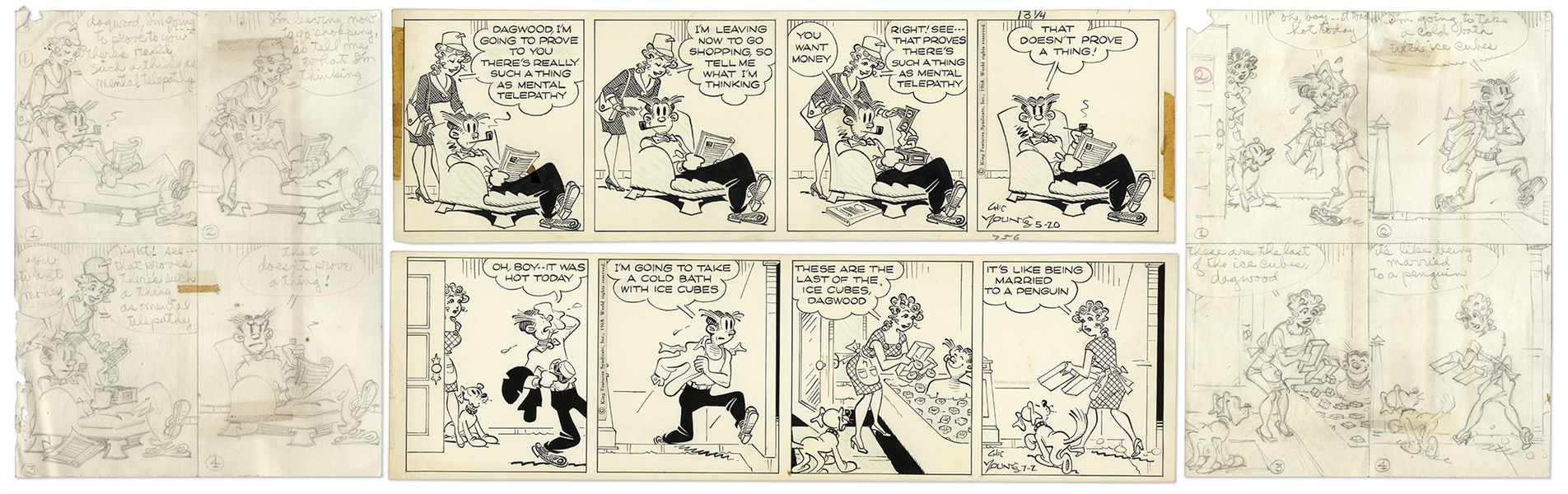 2 Chic Young Hand-Drawn ''Blondie'' Comic Strips From 1968 -- Plus Chic Young's Original Artwork for Both Strips