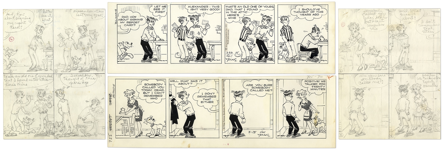 2 Chic Young Hand-Drawn ''Blondie'' Comic Strips From 1971 -- With Chic Young's Original Preliminary Artwork for Both
